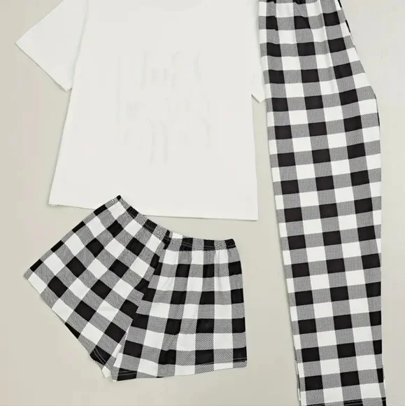 🤍🖤NEW🤍🖤SO CUTE!! Coffee Plaid 3PC Pajama Set - Picture 2 of 5